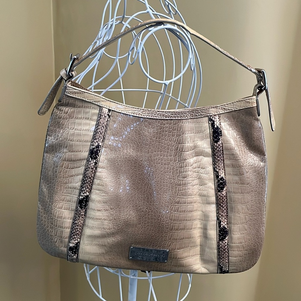 White House Black Market beige Croc-Embossed Shoulder Bag